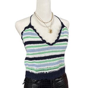 Aerie NWT Striped Crochet Knit Halter Top Blue Green White M/L Boho Summer
